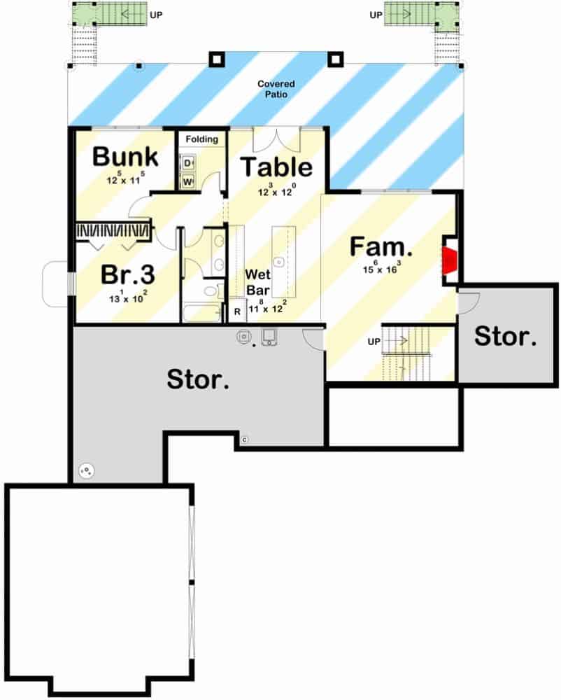 Lower level floor plan with two bedrooms, a family room, and huge storage spaces.