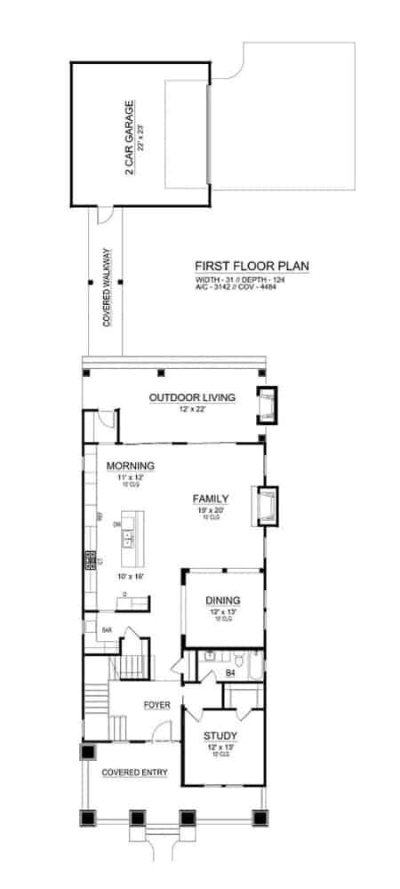 Main level floor plan of a 3-bedroom two-story Southwestern home with foyer, study, formal dining room, kitchen, morning area, family room, and outdoor living.