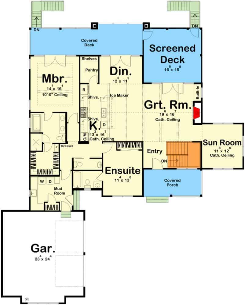Main level floor plan of a 4-bedroom single-story waterfront country craftsman with front and rear porches, foyer, great room, kitchen, dining area, sunroom, primary suite, and mudroom leading to the garage.