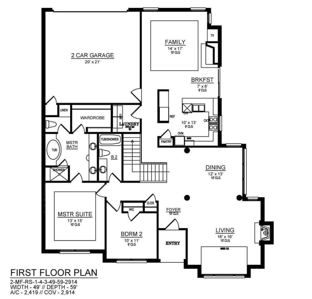 Main level floor plan of a 4-bedroom two-story craftsman style home with foyer, living room, dining area, kitchen, breakfast nook, family room, and two bedrooms including the primary suite.