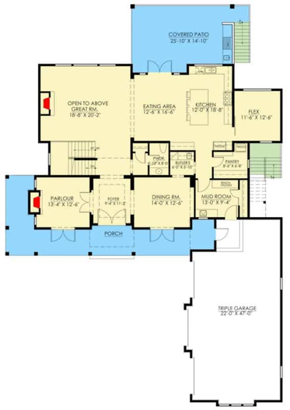 Main level floor plan of a 4-bedroom two-story shingle home with front and rear porches, foyer, formal dining room, parlor, kitchen, breakfast nook, flex room, and a mudroom leading to the garage.