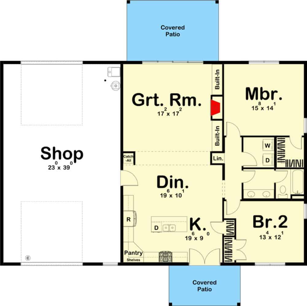 Main level floor plan of a single-story 2-bedroom country-style carriage home with front and rear patios, kitchen, dining area, great room, two bedrooms, and a drive-through shop.