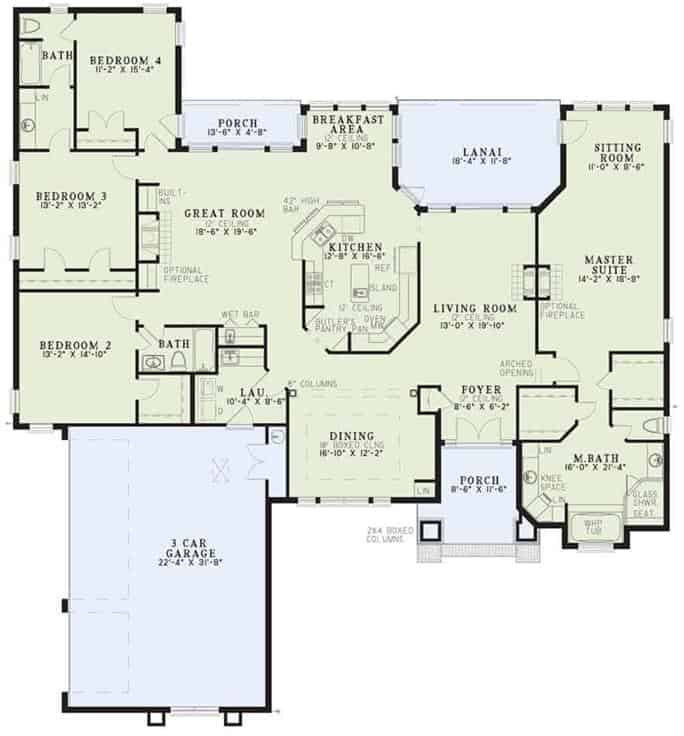 Main level floor plan of a single-story 4-bedroom coastal home with foyer, living room, formal dining room, kitchen, great room, laundry room leading to the garage, and lots of outdoor spaces.