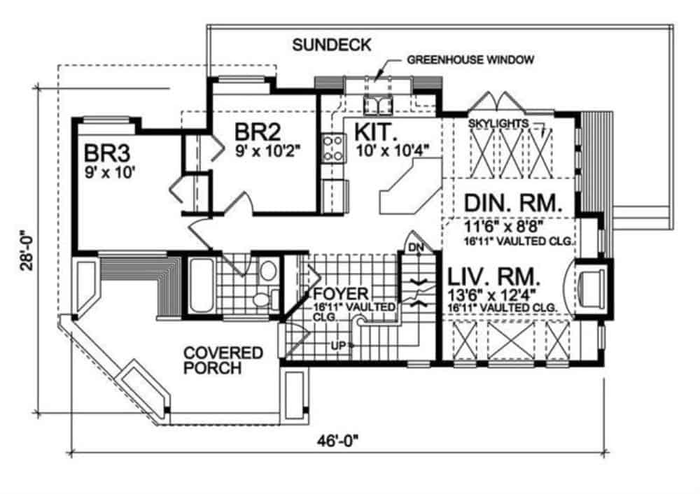 Main level floor plan of a two-story 3-bedroom cabin style home with foyer, living room, dining area, kitchen, two bedrooms, and a sundeck.