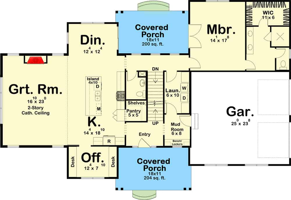 Main level floor plan of a two-story 3-bedroom modern farmhouse with front and rear porches, great room, kitchen, dining area, office, primary suite, laundry room, and a mudroom leading to the side-entry garage.