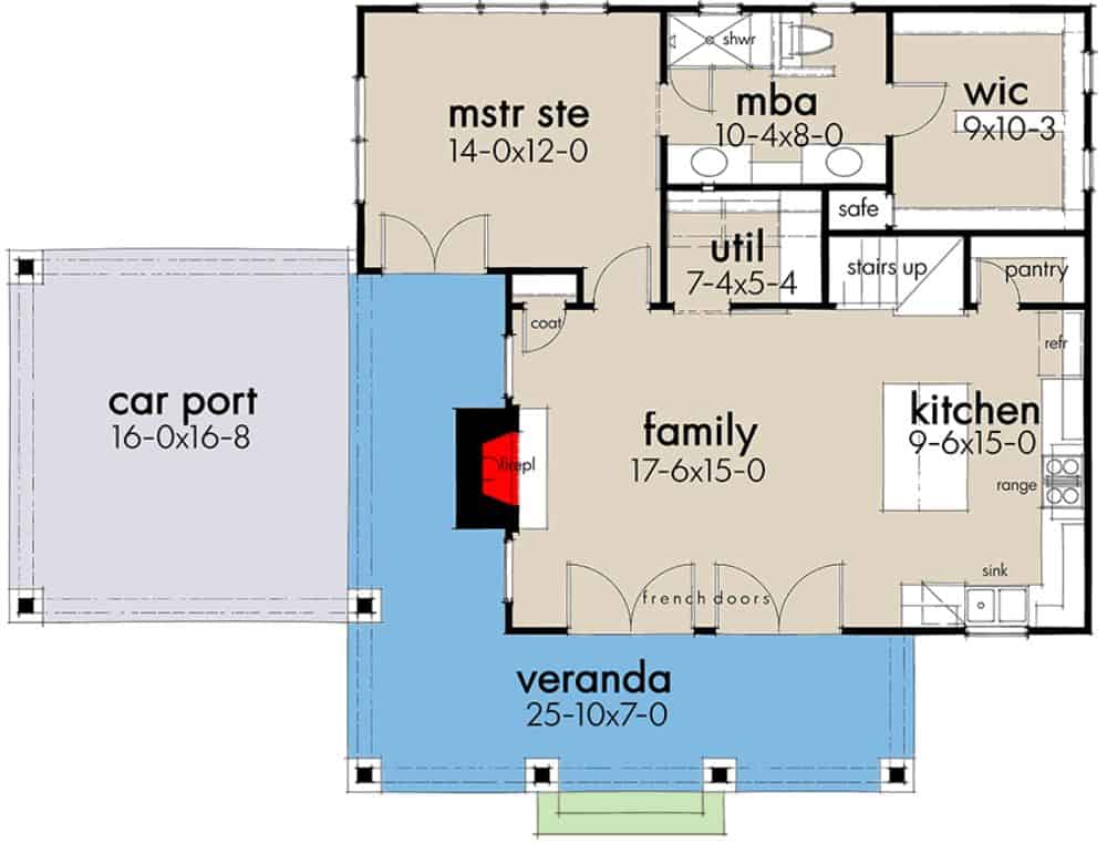Main level floor plan of a two-story 3-bedroom New American cottage home with family room, kitchen, primary suite, utility room, and wraparound veranda leading to the carport.