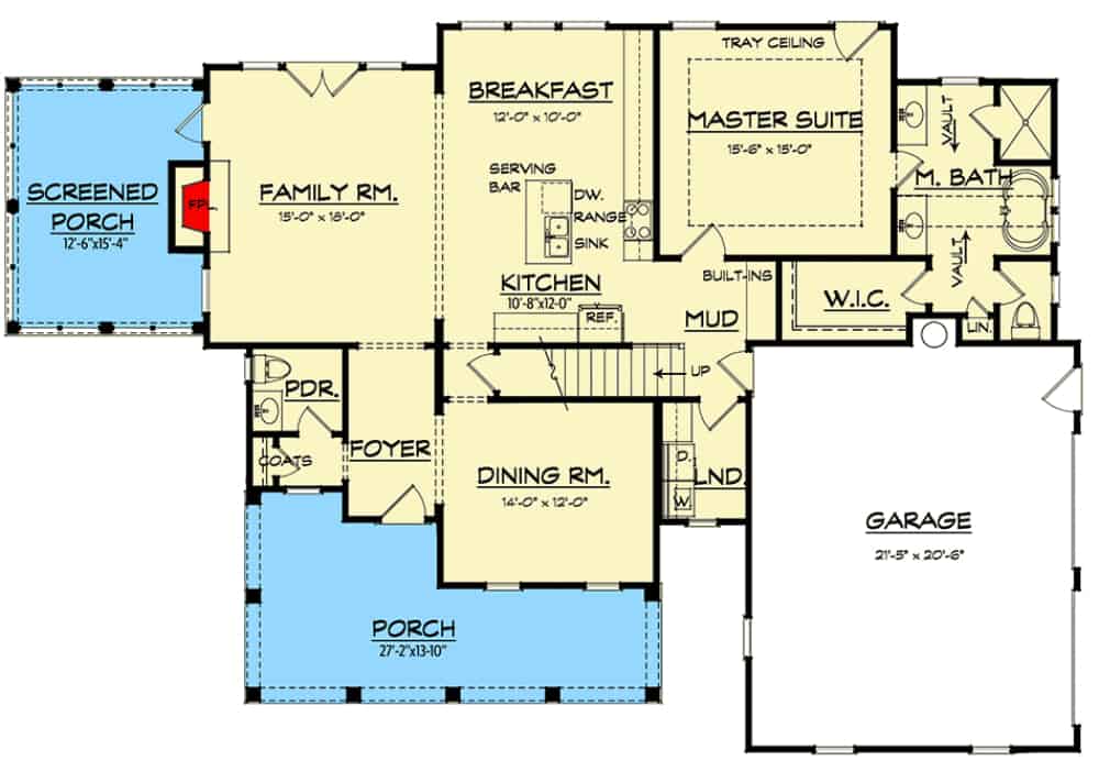 Main level floor plan of a two-story 4-bedroom country home with front and screened porches, foyer, formal dining room, family room, kitchen, breakfast nook, primary suite, and mudroom leading to the double garage.