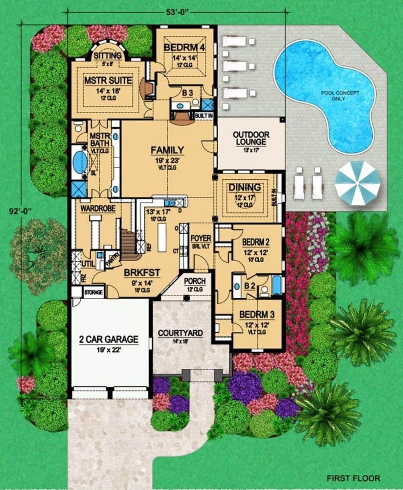 Main level floor plan of a two-story 4-bedroom modern European home with foyer, formal dining room, family room, kitchen, breakfast nook, four bedrooms, and plenty of outdoor space.