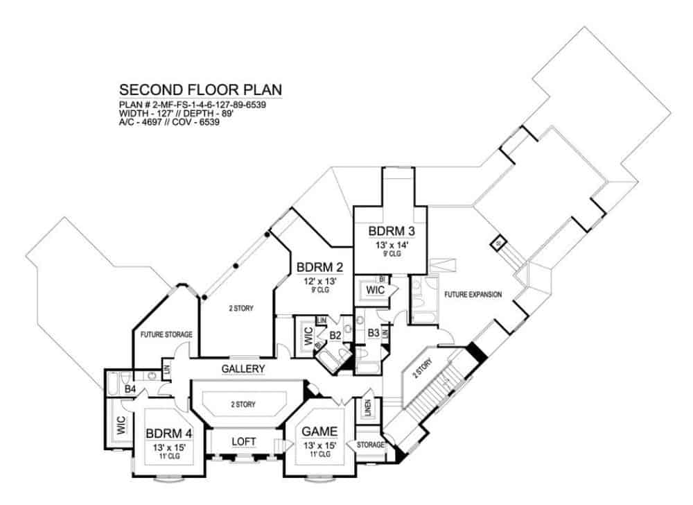Second level floor plan with three bedrooms, a loft, game room, and lots of future spaces.