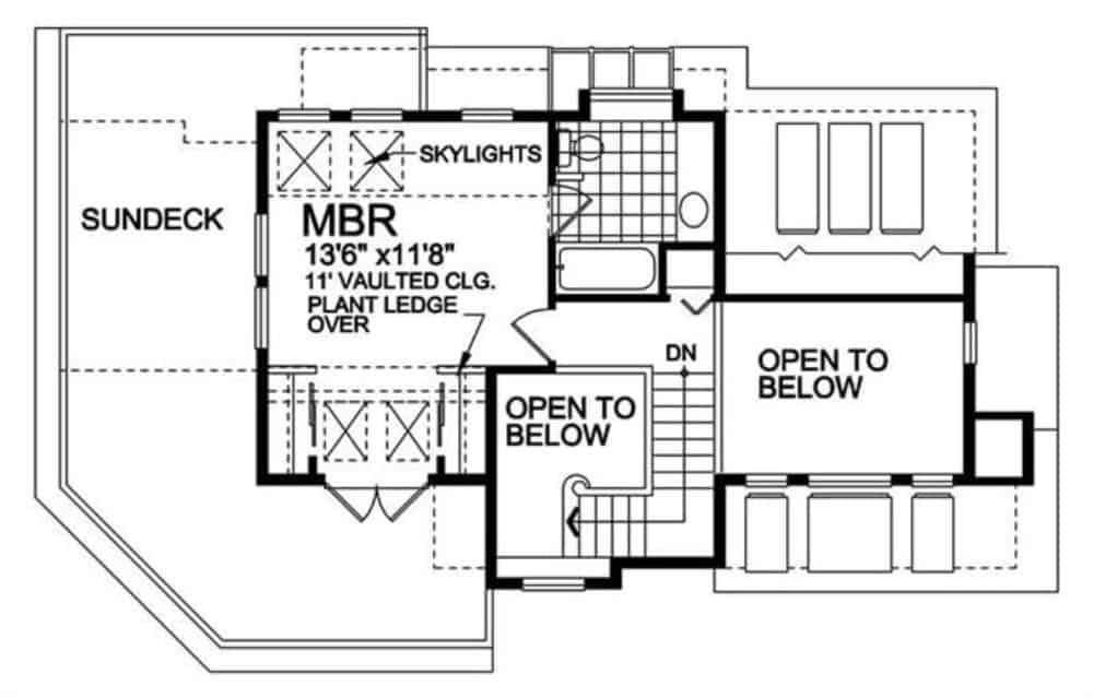 Second level floor plan with primary suite and a sundeck.