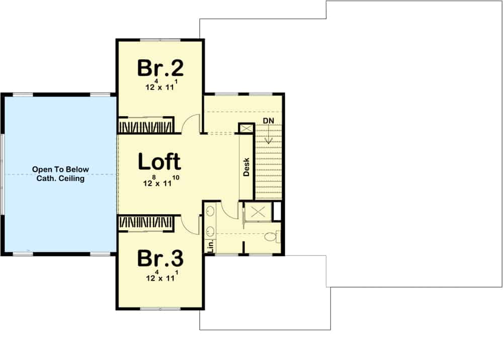 Second level floor plan with two bedrooms and a loft sharing a full bath.