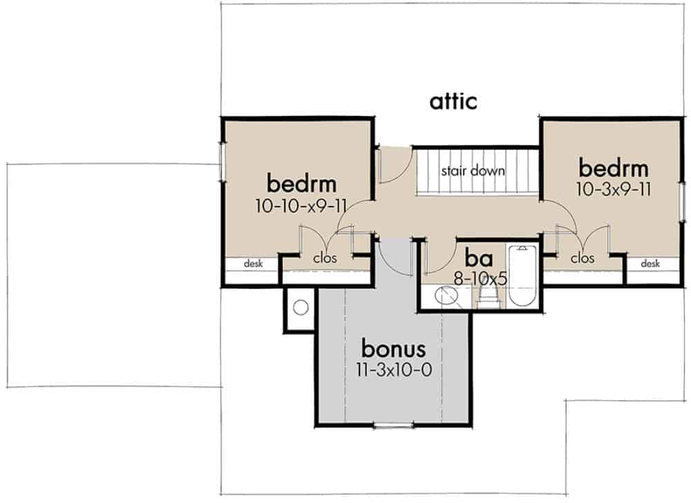 Second level floor plan with a bonus room and two bedrooms sharing a hall bath.