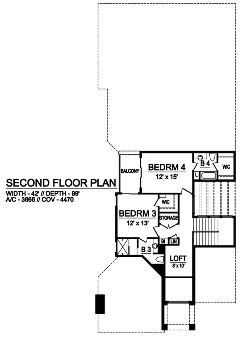 Second level floor plan with a loft and two bedroom suites.