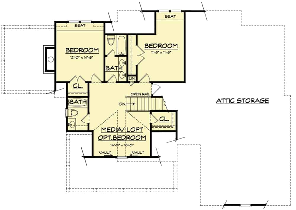 Second level floor plan with two bedrooms, two baths, and a flexible loft/media/bedroom.