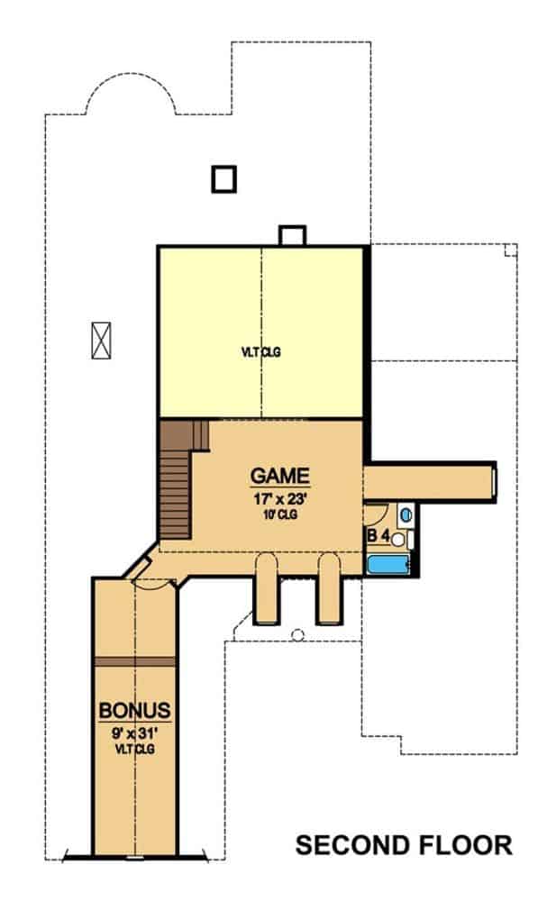 Second level floor plan with a bonus room and game room complete with a full bath.