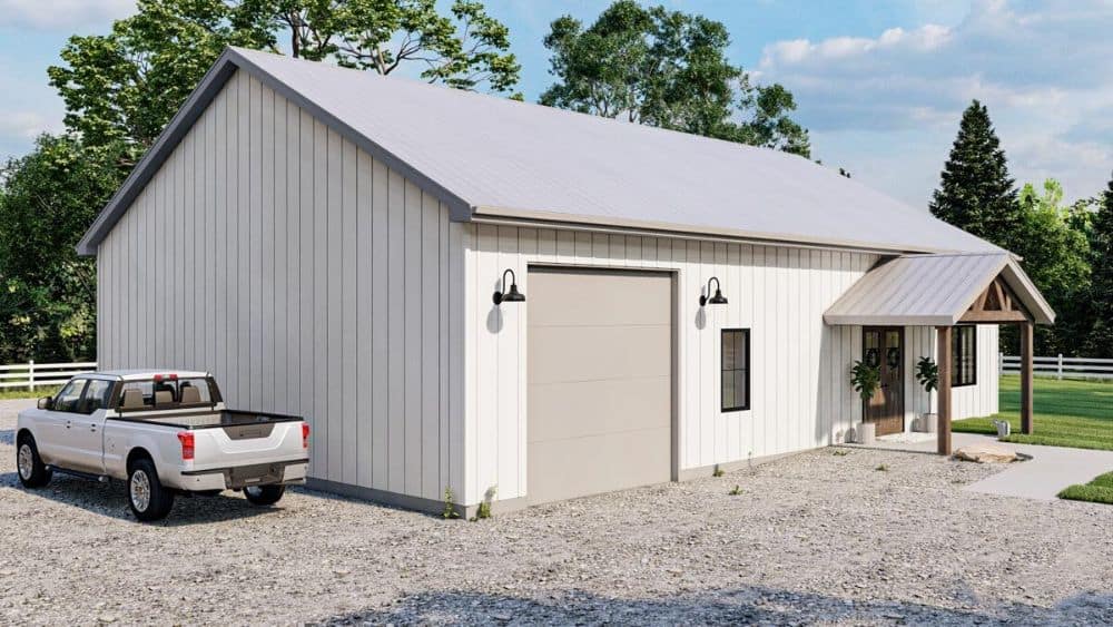 Left rendering of the single-story 2-bedroom country-style carriage home.