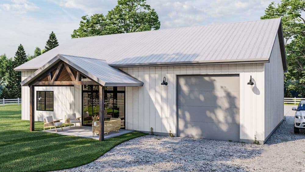 Rear rendering of the single-story 2-bedroom country-style carriage home.