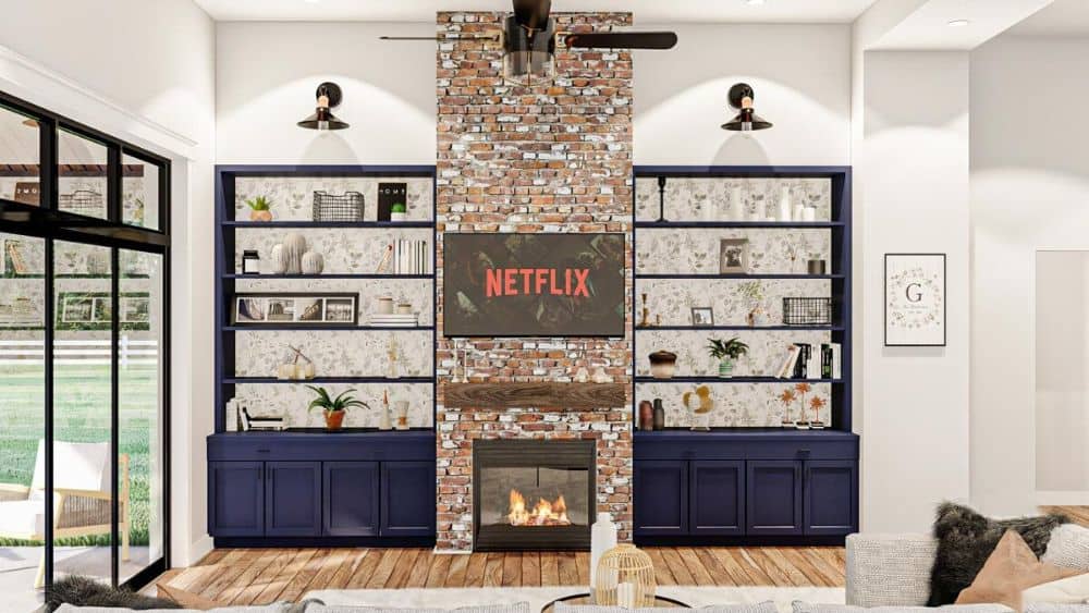 The great room features blue built-ins and a fireplace with a TV on top.