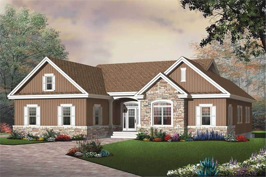 Front rendering of the single-story 3-bedroom ranch style home.