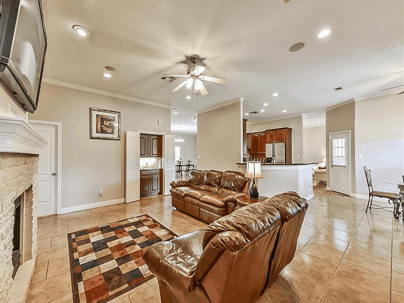 The great room opens into the kitchen and breakfast nook.