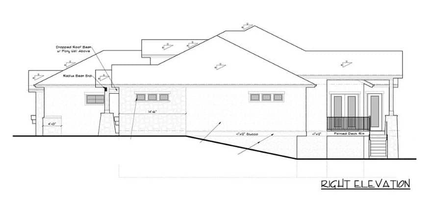 Right elevation sketch of the single-story 5-bedroom craftsman home.
