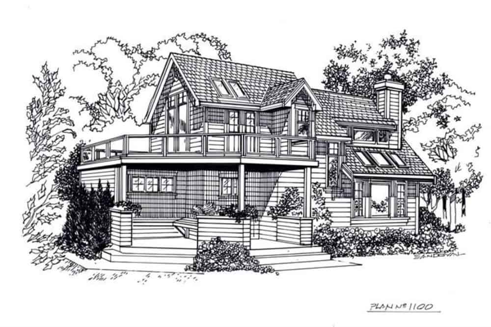 Front elevation sketch of the two-story 3-bedroom cabin style home.