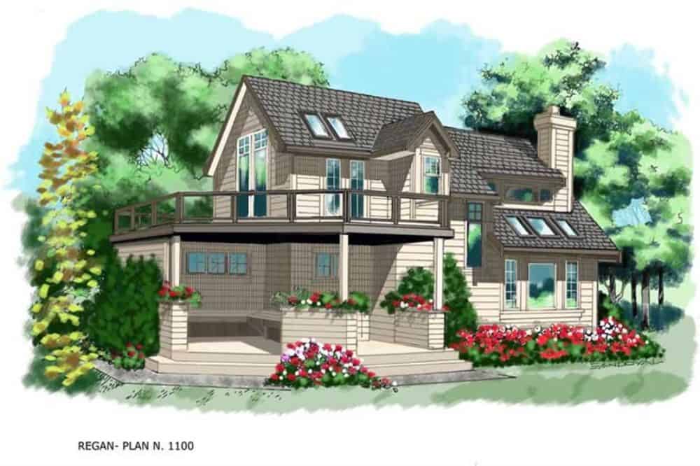 Front rendering of the two-story 3-bedroom cabin style home.