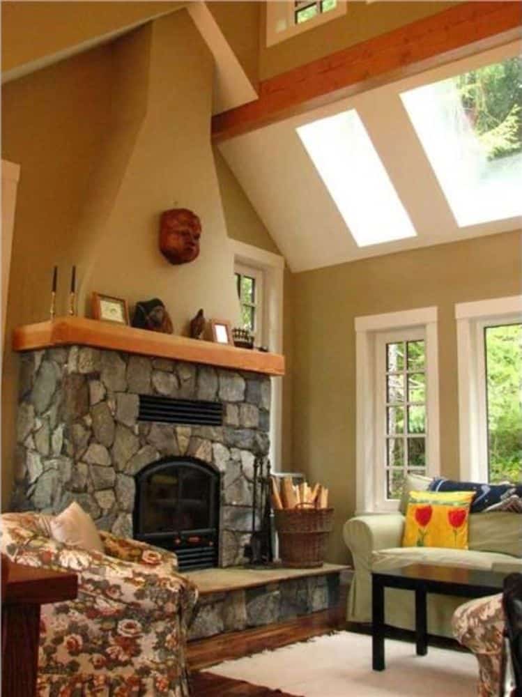 Living room with a stone fireplace and a vaulted ceiling fitted with skylights.
