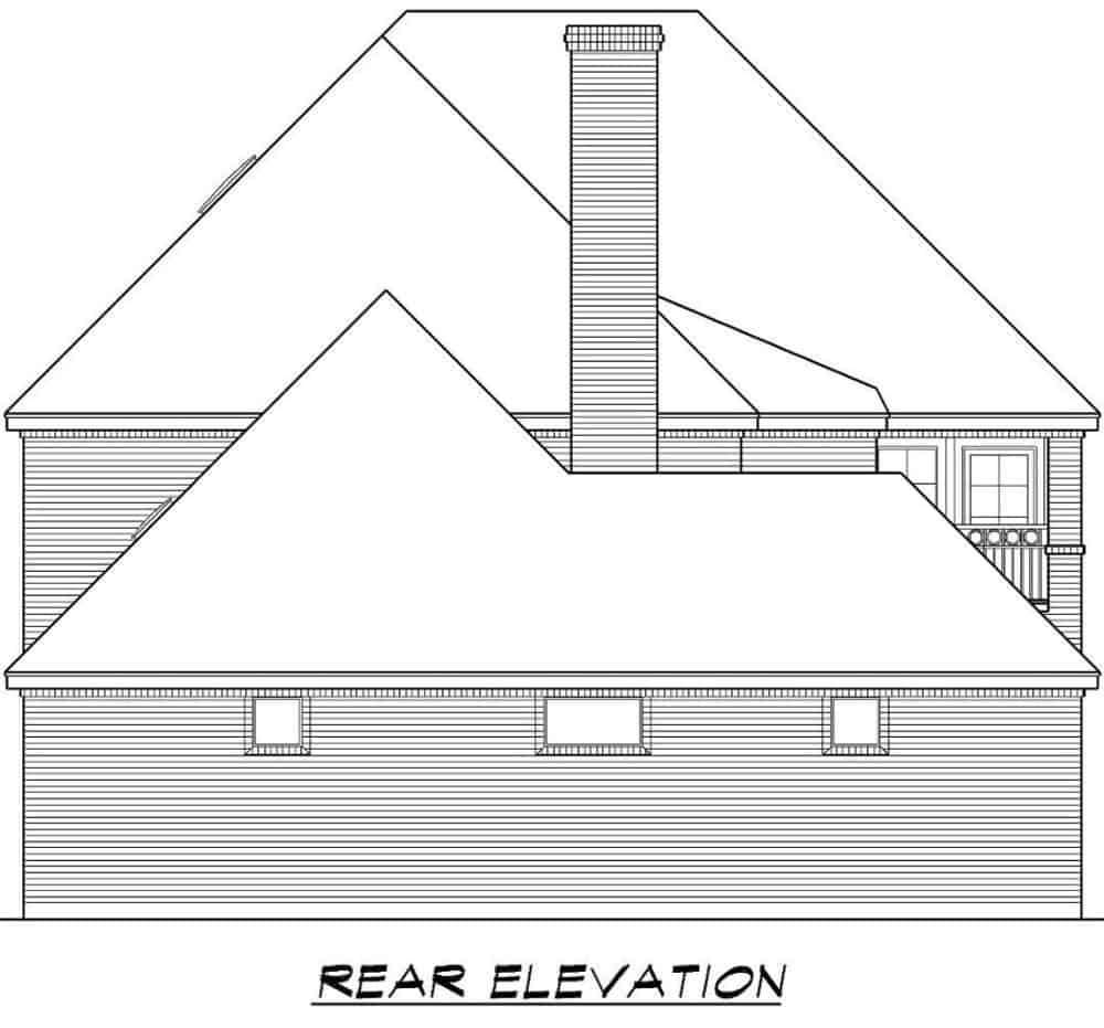 Rear elevation sketch of the two-story 3-bedroom chateau home.
