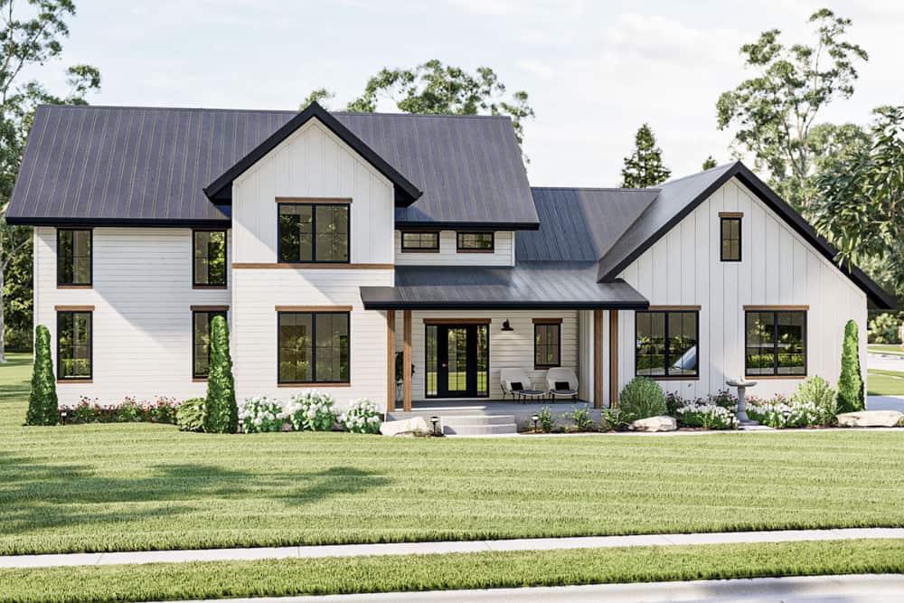 Front rendering of the two-story 3-bedroom modern farmhouse.