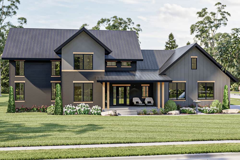 Front rendering with alternate exterior showcasing board and batten siding in dark hues.