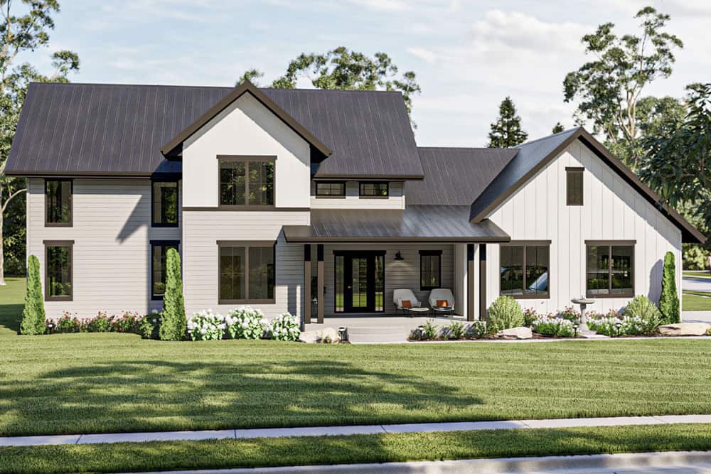 Alternate exterior with white board and batten siding accentuated with dark wood beams.