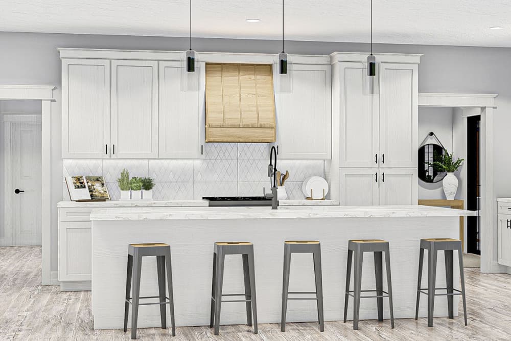 Kitchen with white cabinetry, a wooden vent hood, and a breakfast island paired with gray bar stools.