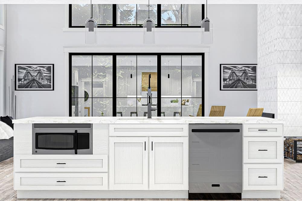 The kitchen island is fitted with an oven, a dishwasher, and a sink.