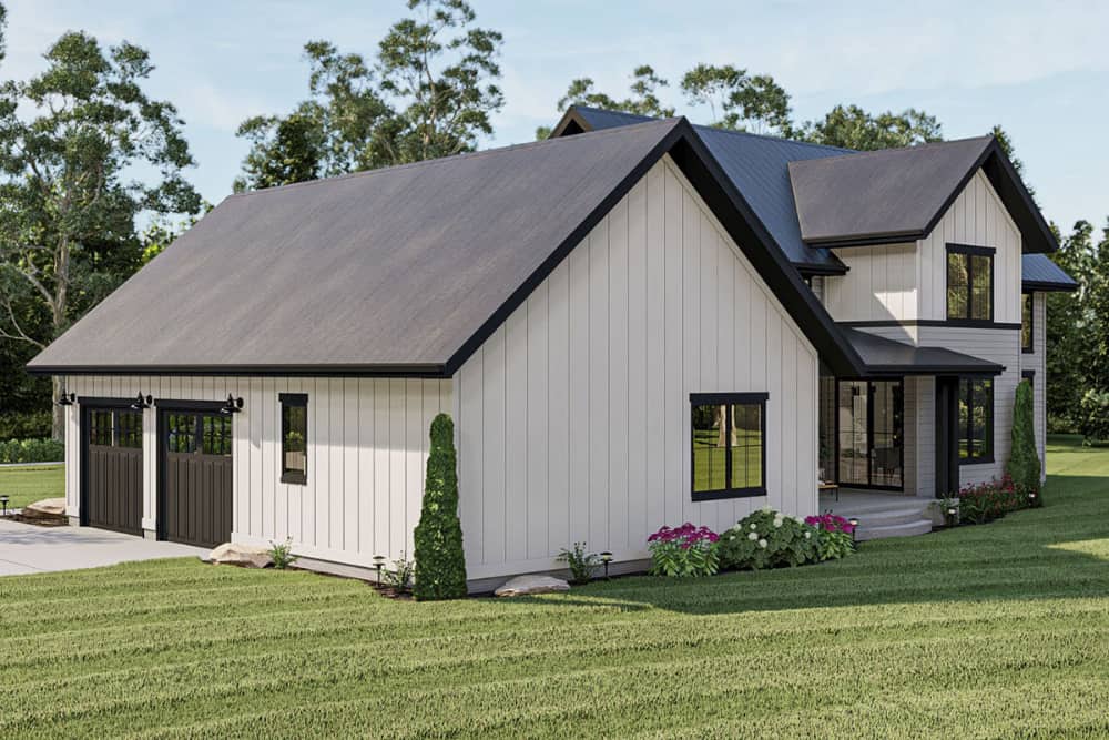 Front-left rendering of the two-story 3-bedroom modern farmhouse.