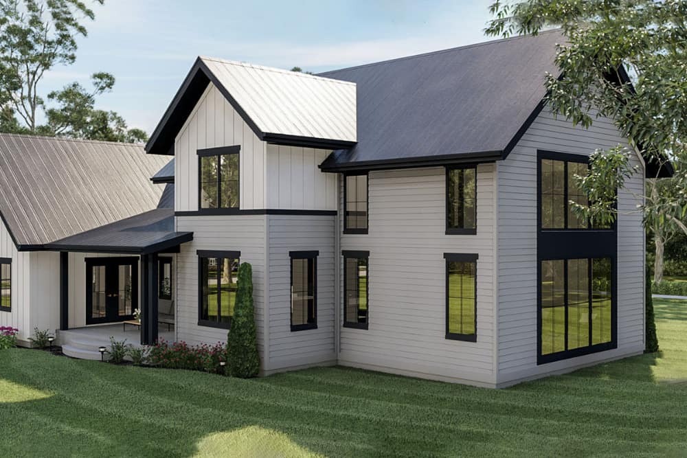 Left rendering of the two-story 3-bedroom modern farmhouse.