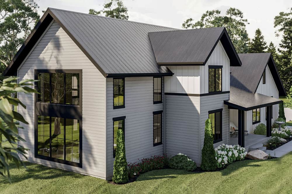 Rear-right rendering of the two-story 3-bedroom modern farmhouse.