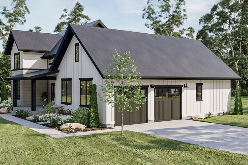 Rear-left rendering of the two-story 3-bedroom modern farmhouse.