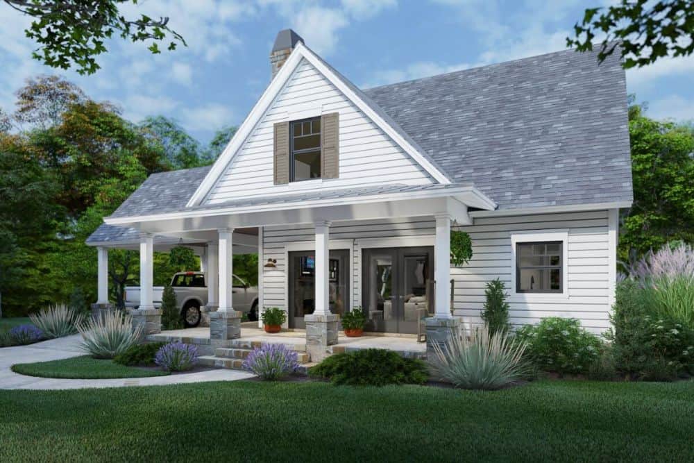 Front-right rendering of the two-story 3-bedroom New American cottage home.