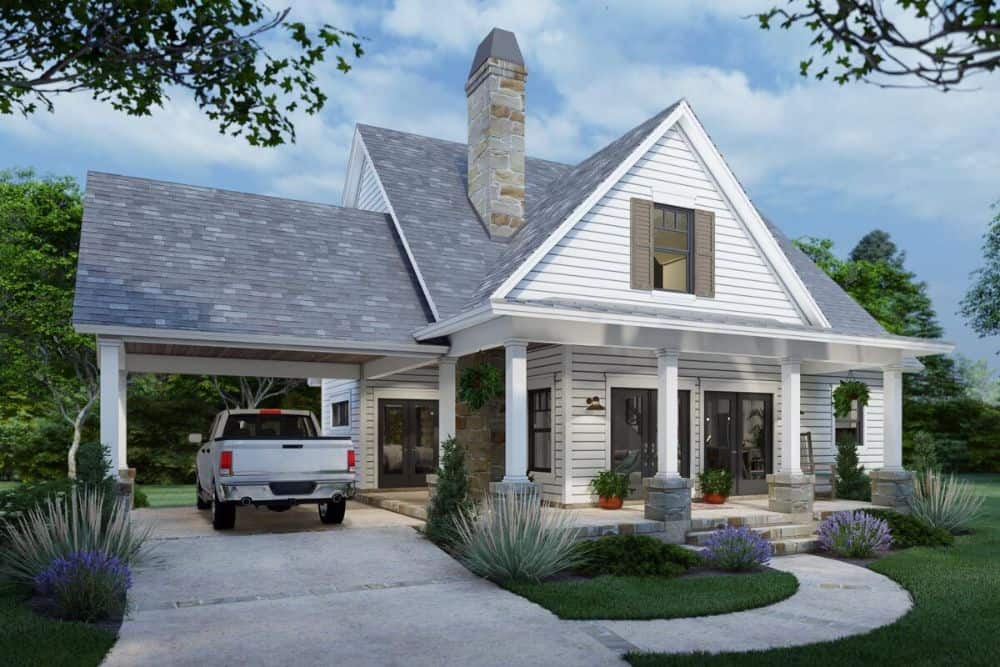 Front-left rendering of the two-story 3-bedroom New American cottage home.