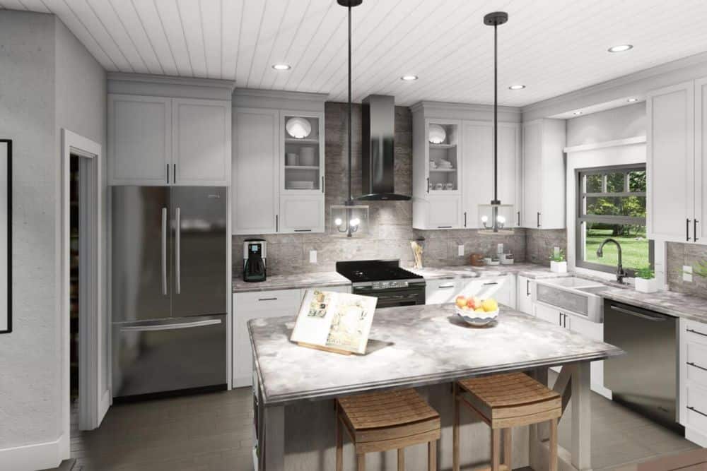 The kitchen is equipped with stainless steel appliances, a farmhouse sink, white cabinetry, and a breakfast island with two seating.