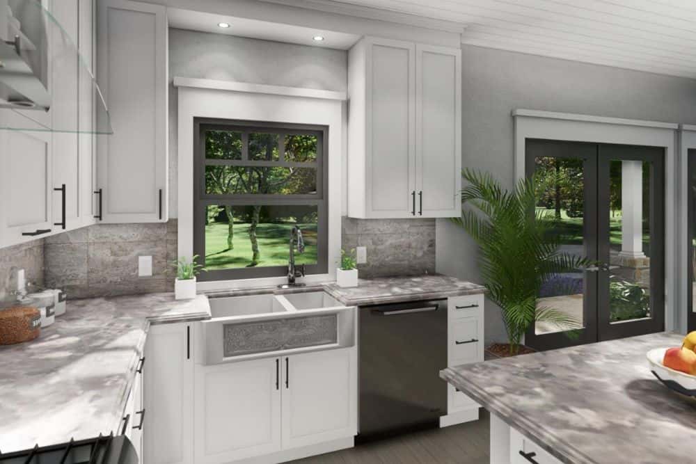 French door and window bring natural light into the open living space.