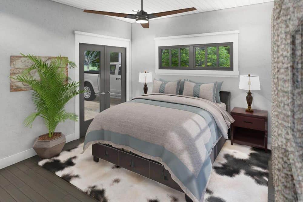 The primary bedroom includes outdoor access through a french door.