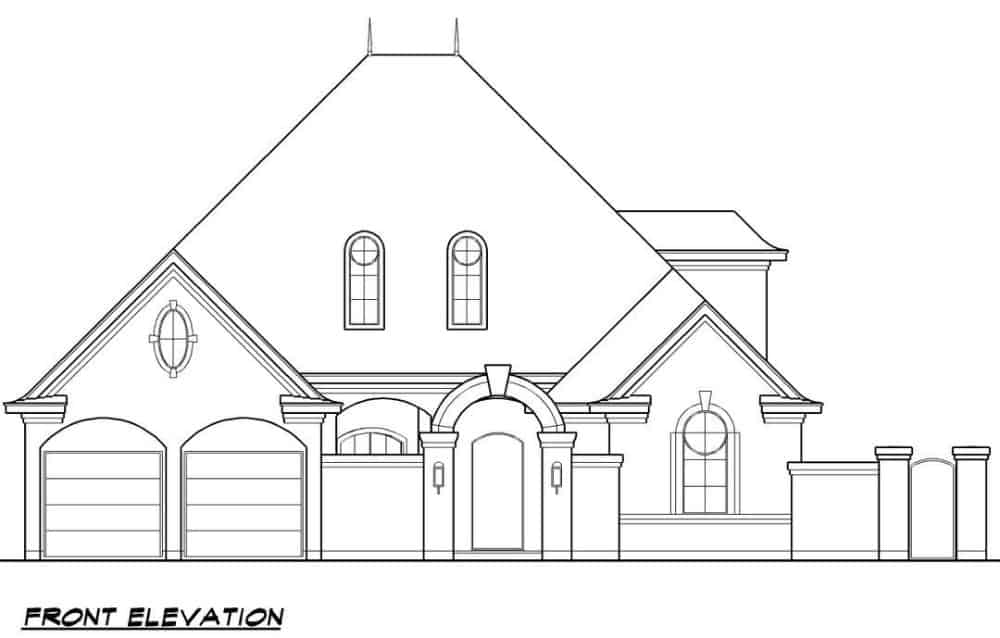Front elevation sketch of the two-story 4-bedroom modern European home.