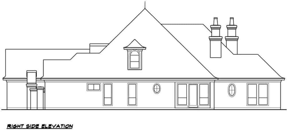 Right elevation sketch of the two-story 4-bedroom modern European home.
