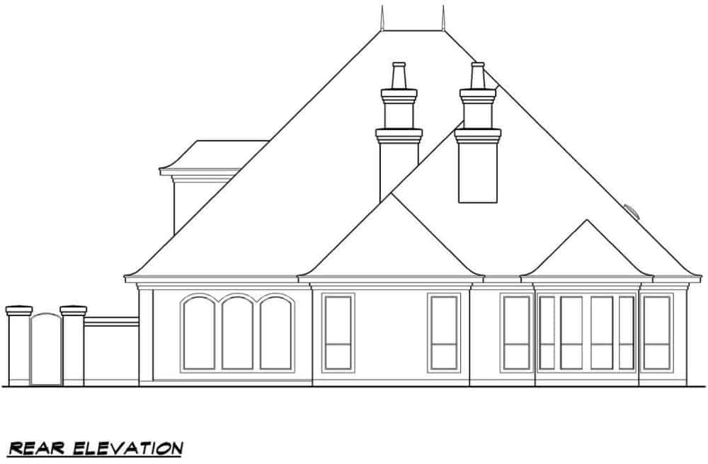 Rear elevation sketch of the two-story 4-bedroom modern European home.