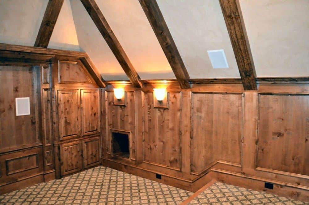 Media room with patterned carpet flooring, wood-paneled walls, and a vaulted ceiling lined with exposed beams.