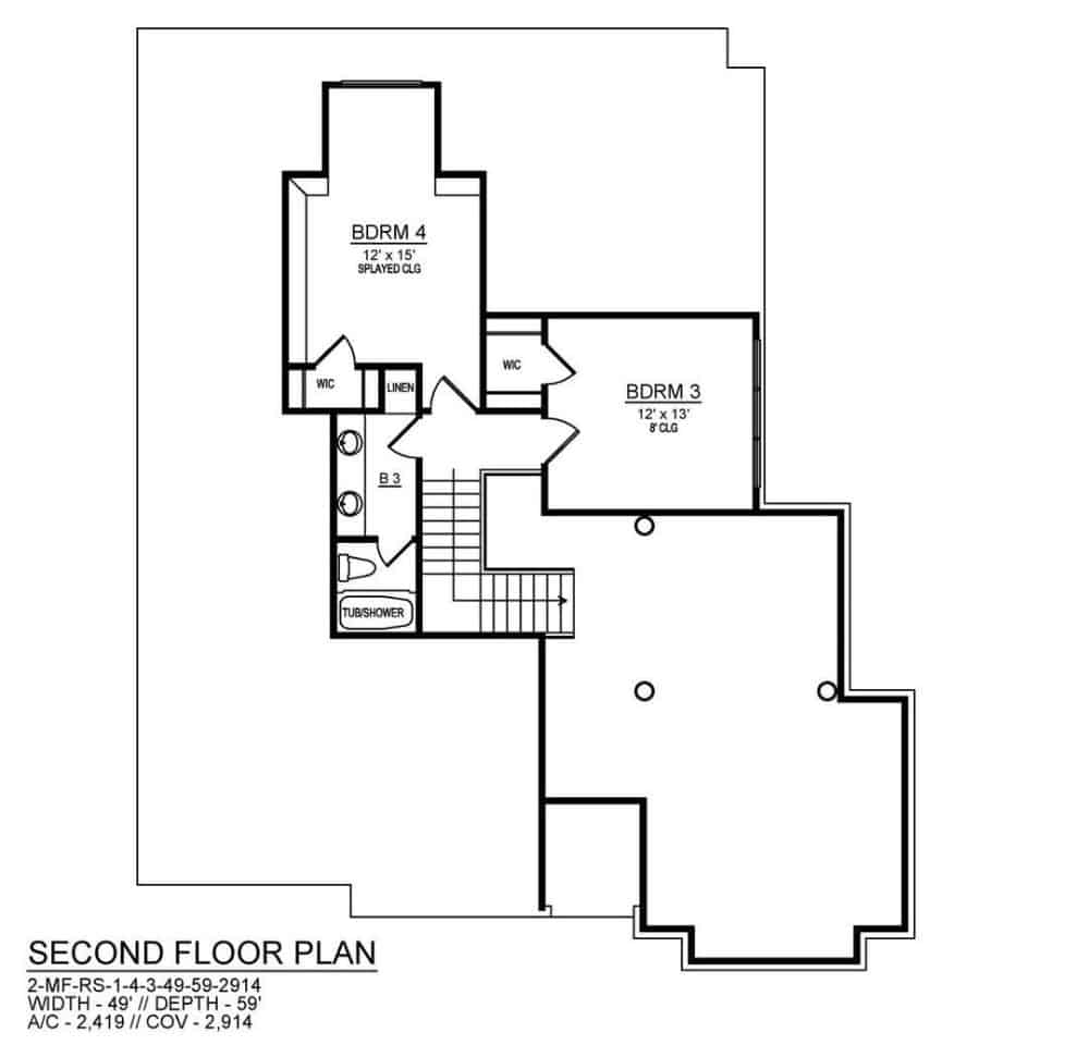 Second level floor plan with two bedrooms sharing a 4-fixture bath.
