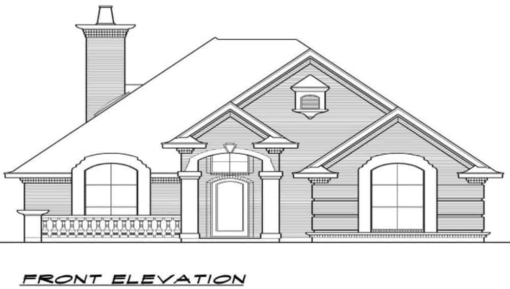 Front elevation sketch of the 3-bedroom single-story traditional style home.