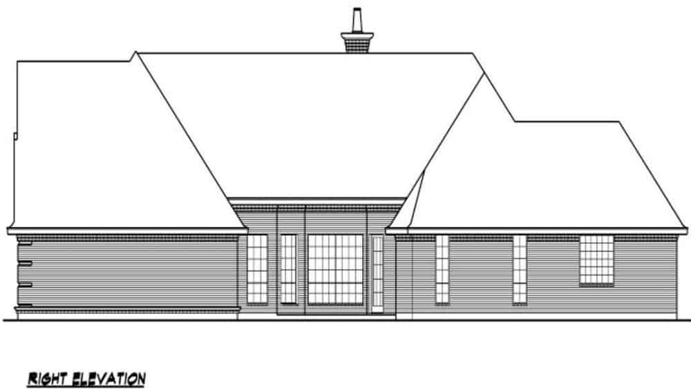 Right elevation sketch of the 3-bedroom single-story traditional style home.